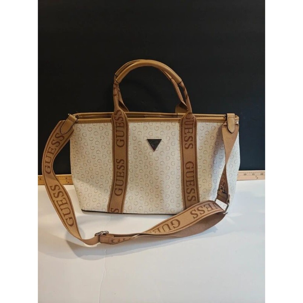 Guess Monogram Logo Canvas Tote Bag with Matching Mini Pouch Wallet & Webbing St